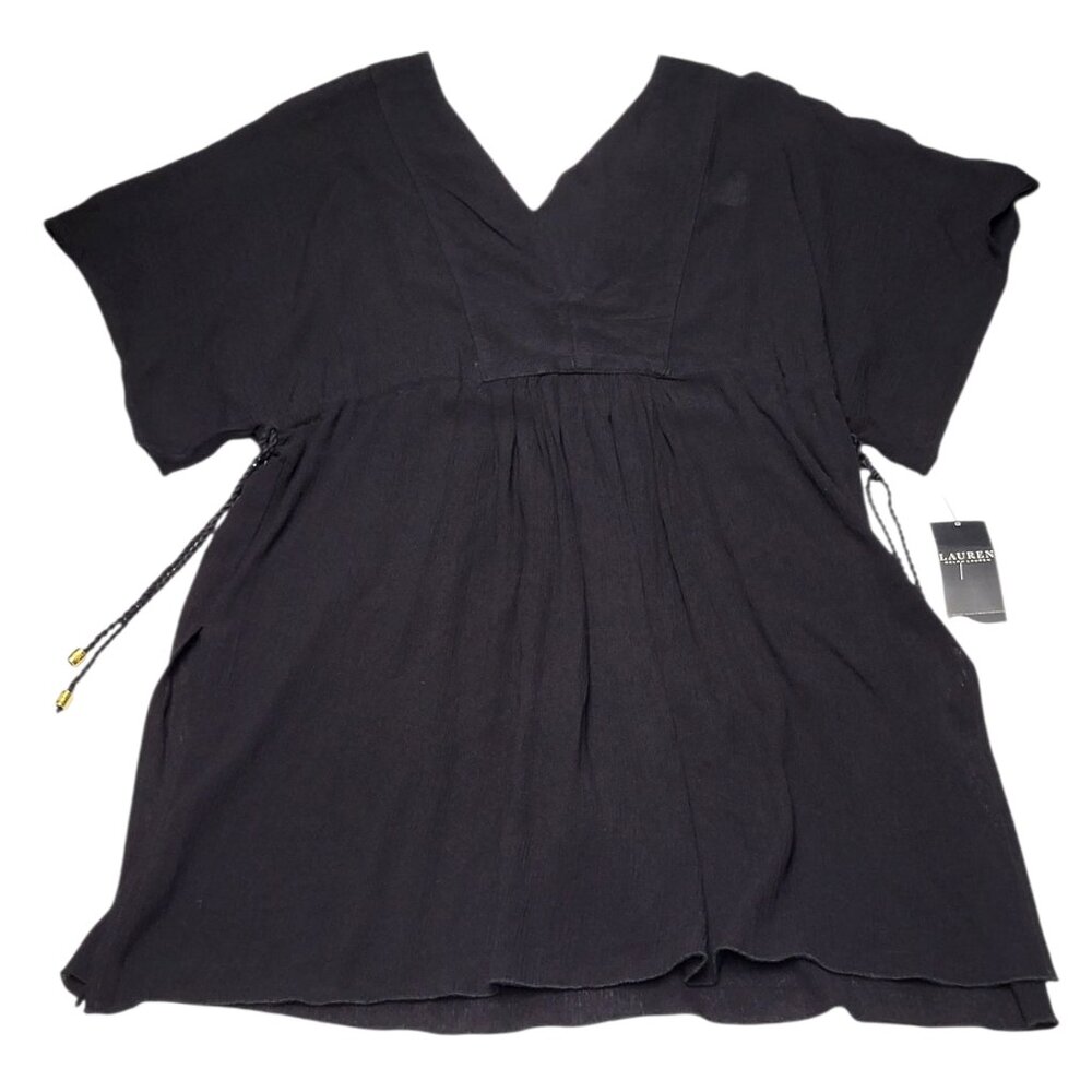 NWT LAUREN RALPH LAUREN Crinkle Rayon Cover-Up Tunic Dress Black XS (US 0-2)